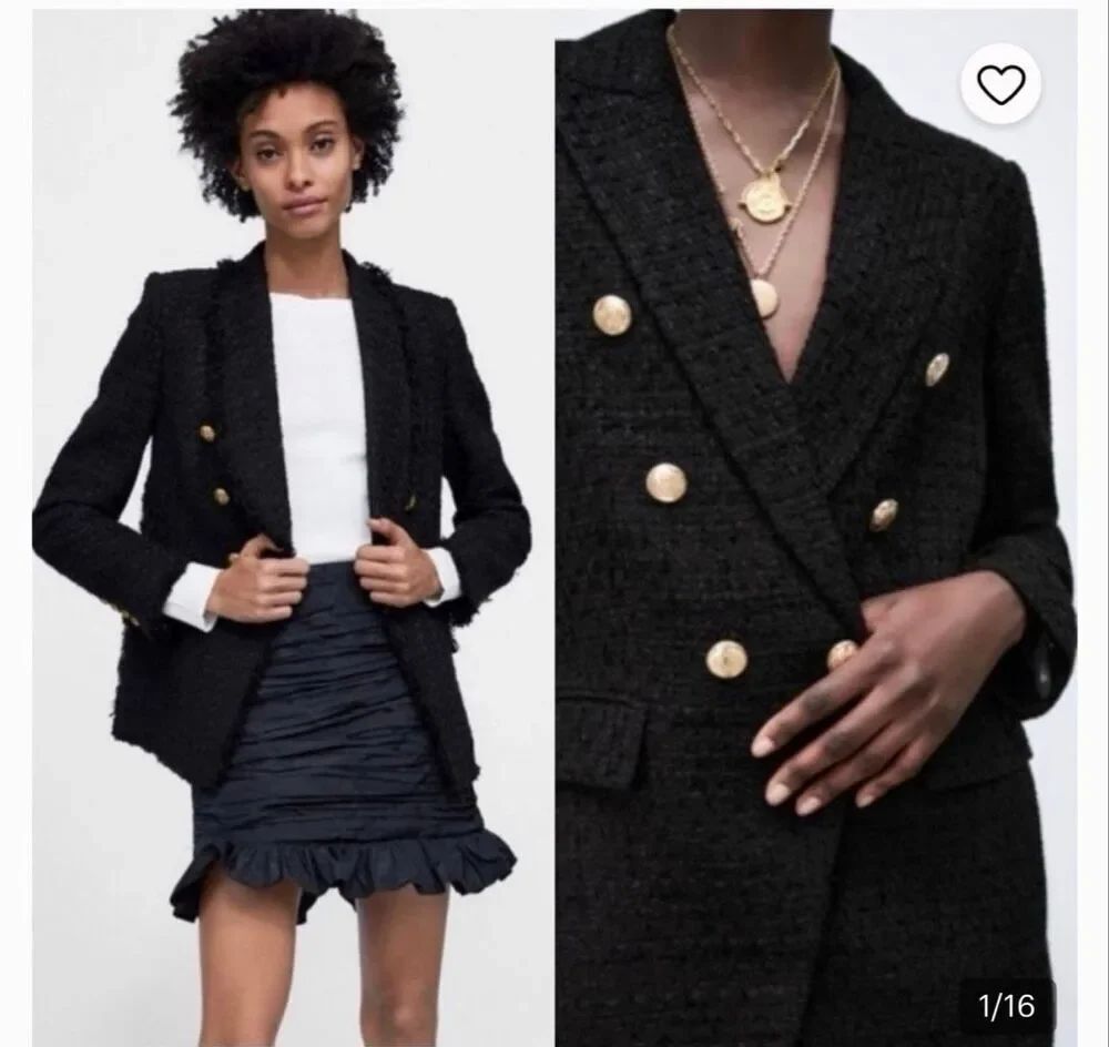 Zara Black tweed textured double breasted gold button blazer S